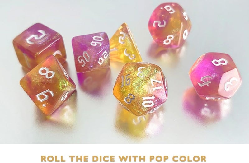 vvpesca Orange Glitter DND Dice Set of 7 – Polyhedral Dice Set for D&D, Dungeons and Dragons, Role Playing Games, MTG, COC, RPGs Accessories – D20 System Games Purple Gold Glitter Dice (Orange Jelly) - Image 2